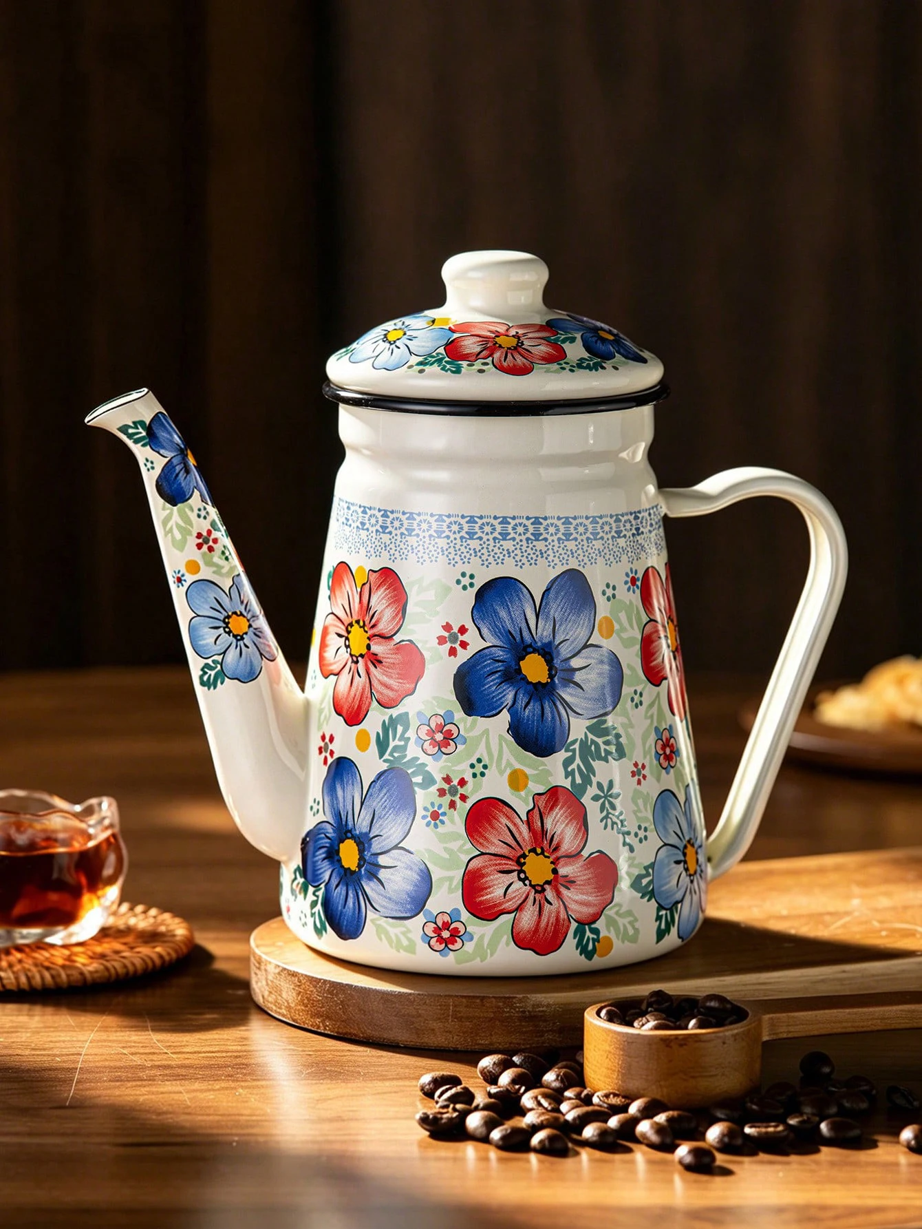 Floral Pattern Enamel Teapot with Lid, Vintage Style Enamel Coffee Pot for Stovetop Safe view 6