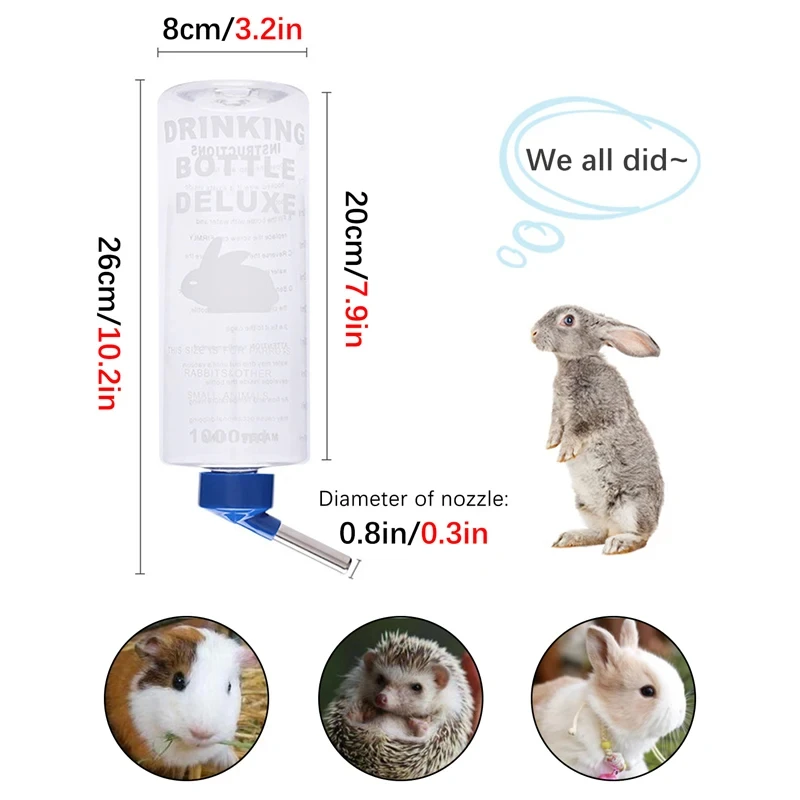 Clean Rabbit Water Bottles, 33.81Oz, 7.87In 1000ml Random Color Small Animals Drinker Auto Drinking Hangable Guinea Pig Parrot