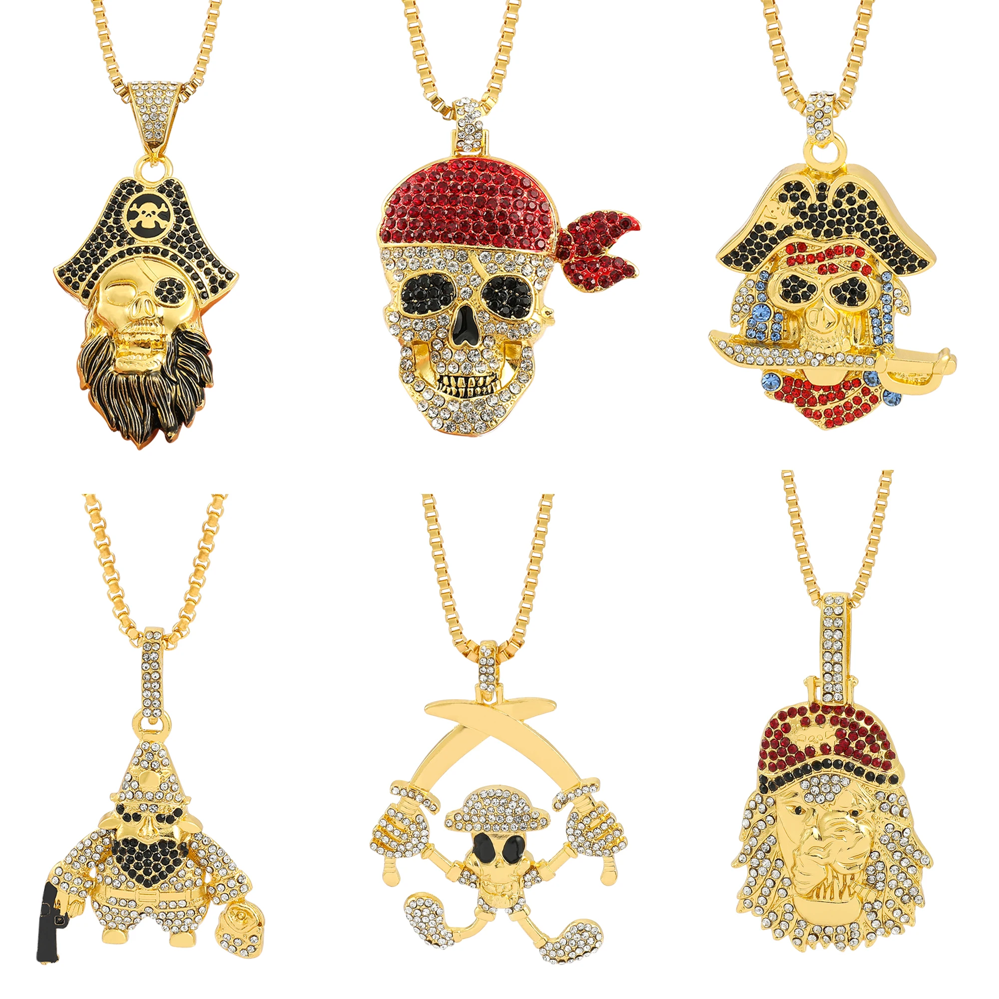 Hip Hop Iced Out Sea Anchor Pirate Skull Pendant Necklace For Women Men Long Chain Creative Party Jewelry Accessories Gift