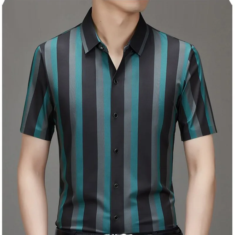 Contrast Color Striped Button Men\'s Clothing Summer Short Sleeve Turn-down Collar Cardigan Shirt Vintage Boyfriend Casual Tops