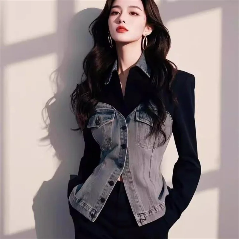 

Hong Kong Style Outfit With High-End Black Patchwork Denim Polo Collar and Waist Cinched Shirt Women Spring 2025 New Small Tops