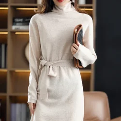 Tailor Sheep 100% Wool Ladies Dress Solid Color Long-sleeved Knitted Fashion Slim Long High-neck Cashmere Dress Sweater