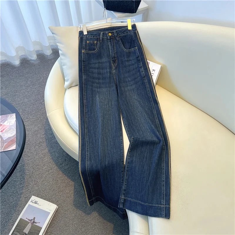 

Широкие джинсы с вышивкой в стиле ретро для женщин, весна-осень 202, новые прямые джинсовые брюки с высокой талией, свободные универсальные повседневные брюки