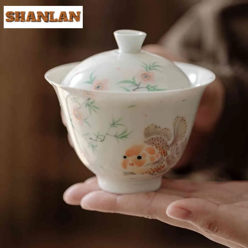 

140ml Hand-painted Fortune Fish Gaiwan Aesthetic Tea Tureen Tea Bowl With Lid Kit Tea Maker Cover Bowl Tea Services Ornaments