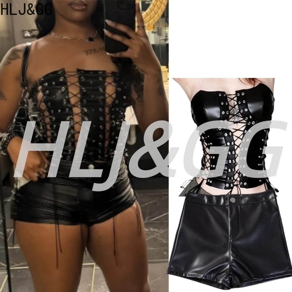 

HLJ&GG Sexy Leather Hollow Bandage Tube Two Piece Sets Women Off Shoulder Sleeveless Lace Up Crop Top+Shorts Outfits Streetwear