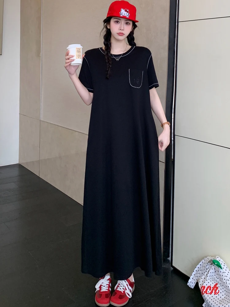 NYFS 女性のサマードレスルーズプラスサイズファッション半袖小さなポケット Tシャツロングドレスローブエテファムエルビス 2025 新しい