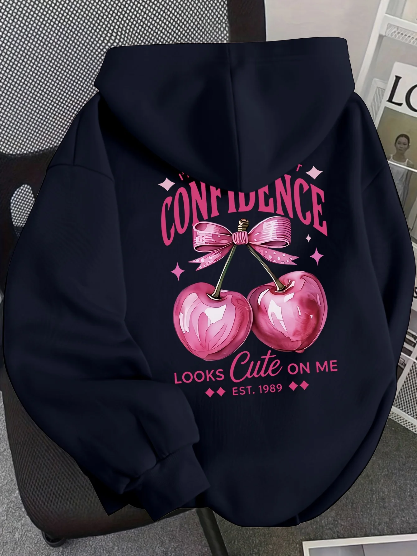 Pink Cherry Bow Confidence Pattern Women'S Hoodies Pocket Vacation Clothing Comfortable Loose Woman Hoodie Autumn Fleece Hoody