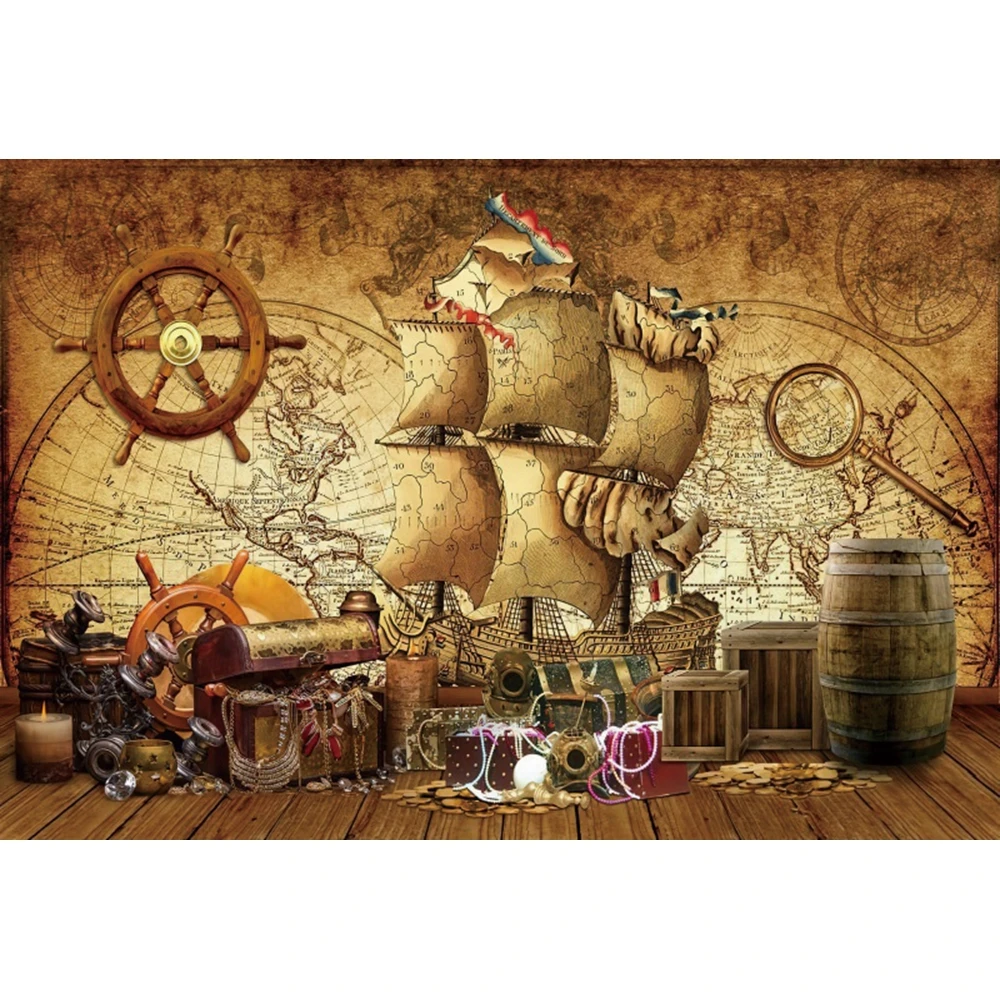 Retro Pirate Ship Baby Birthday Photography Backdrops Photocall Treasure Map Party Decor Photographic Background Photo Studio