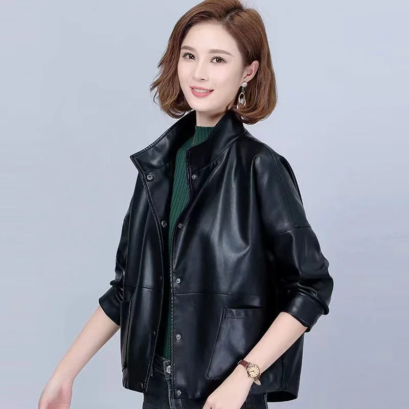 High-Quality PU Leather Jacket Women\'s 2024 Spring Autumn New Coat Short Korean Outwear Imitation Sheepskin Loose Ladies Tops