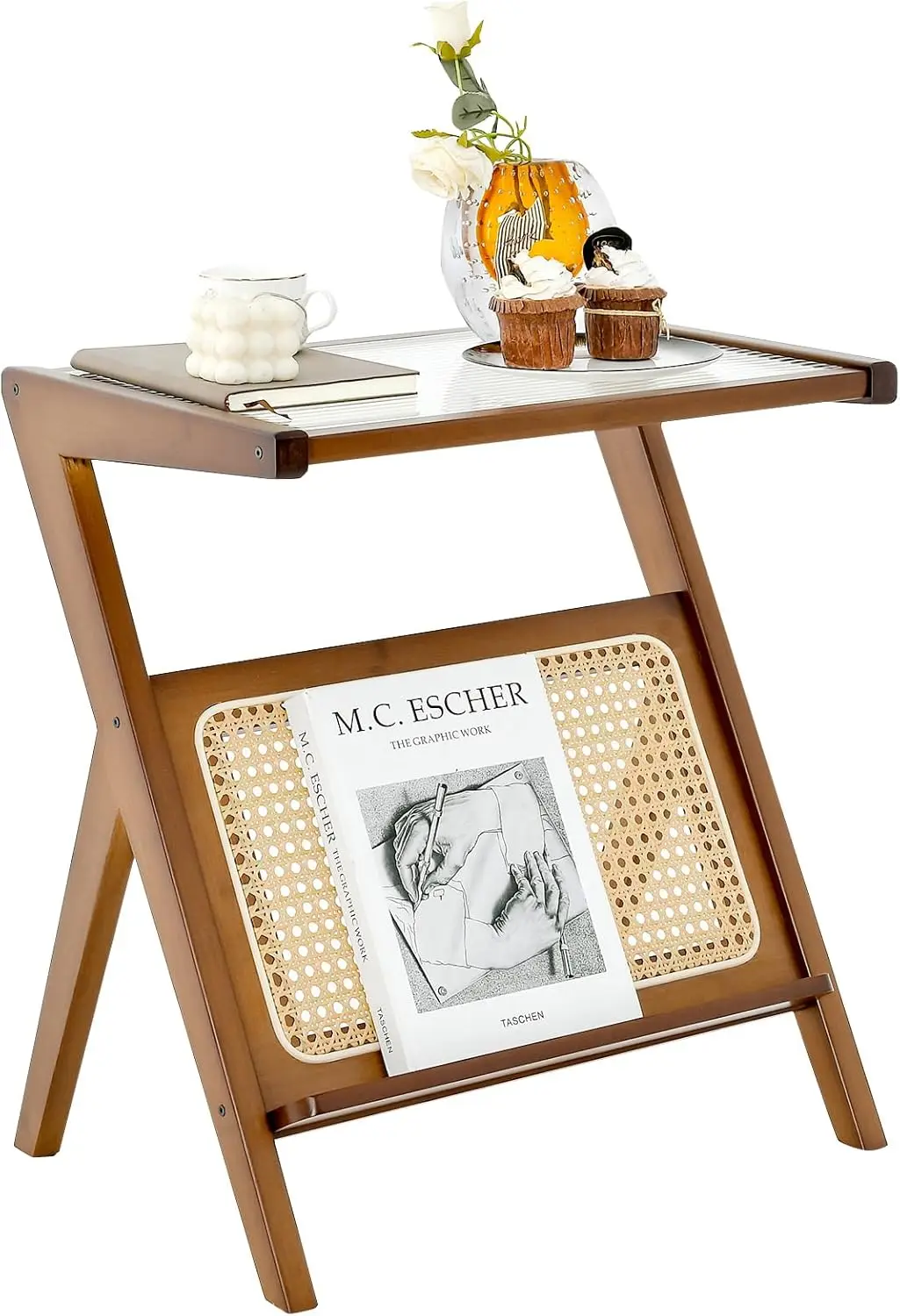 

Rattan Side Table, Z-Shaped End Table with Tempered Glass Top, Magazine Rack, Boho Night Stand, Small Coffee Table, Bamb