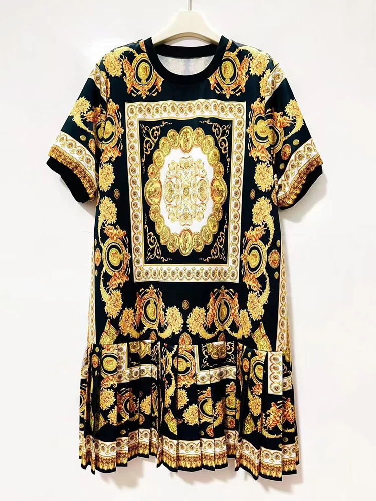 Designer retro impressão geométrica em torno do pescoço pulôver camiseta vestido 2025 verão vestido feminino solto plissado saia inchada