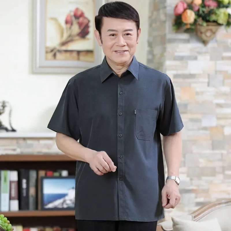 Men's Ice Silk Tops Middle Aged Elderly Loose Fit Casual Summer Thin Breathable Senior Shirts
