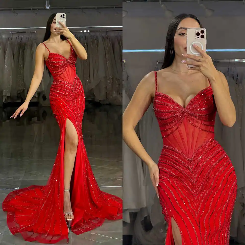 

Sexy Mermaid Evening Dresses Spaghetti Strap High Slit Diamond Lace Party Special Occasion Gown Bridal Gown Customized