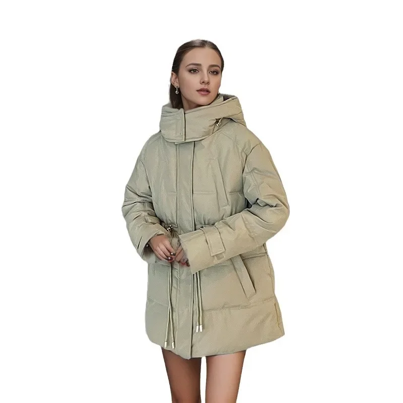 2025 Winter vrouwen Nieuwe Lange Katoenen Jas Vrouwelijke Capuchon Taille Trekkoord Parka Jassen Vrouwen Meerdere Zakken Casual Jas tops
