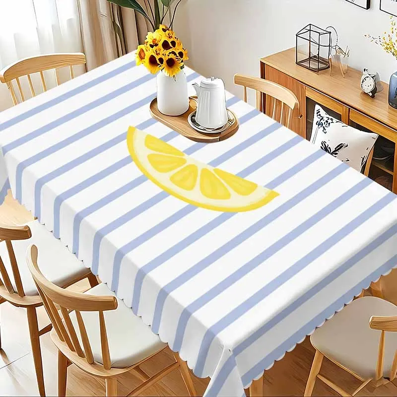 1pc Yellow Lemon Slice and Blue Stripe Print Tablecloth | Polyester, Machine Washable, Scalloped Edge, Suitable for Indoor and Outdoor Decor, Versatile for Parties and Holidays