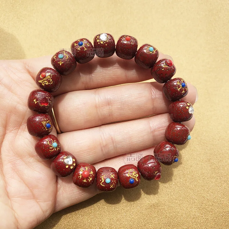 

Natural Star Moon Bodhi Cinnabar 9*10mm Inlaid Multi-treasure Barrel Beads Old Bead Bracelet Text Play Hand String Men and Women