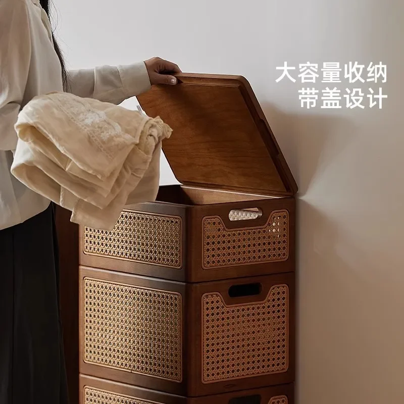 Medieval rattan braided storage box with lid, household large-capacity space-saving seasonal storage box