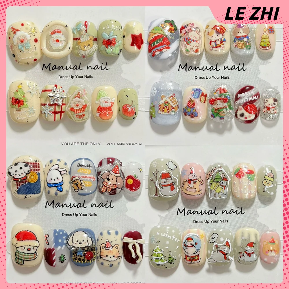 

Kawaii Bear Rabbit Dog Snowman Handmade Short Press On Nail Tree Snowflake Apple Bowknot Stars Nail Party Sticker Christmas Gift