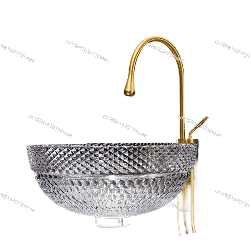 Round Diamond Glass Countertop Basin Crystal Glass Sink Bathroom Sink Luxury Clear Diamond Crystal Washbasin Vanity Set