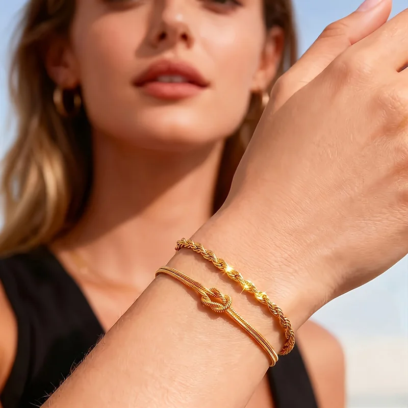 2 Stück 18K Vergoldete Edelstahl-Armbänder Wasserdicht Nicht Anlaufend Stapelbar Elegant für Alltag Party Urlaub Geschenk – Detail 5
