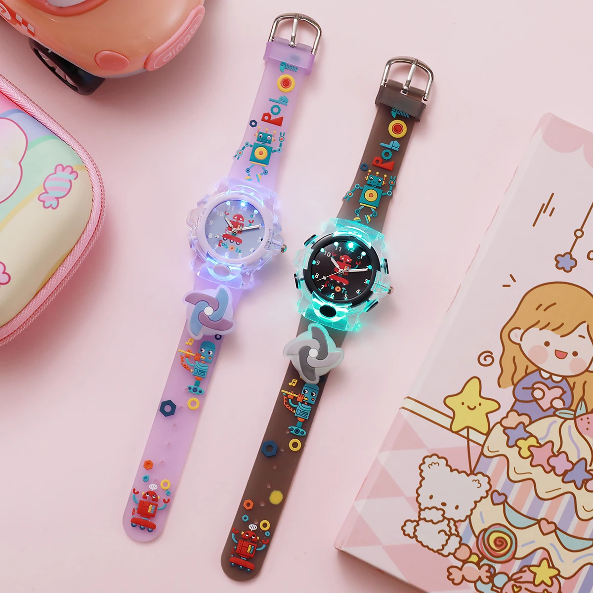 

Cartoon-style children’s watch toy for girls, kindergarten, glowing cartoon electronic small watch, suitable for ages 3-9.