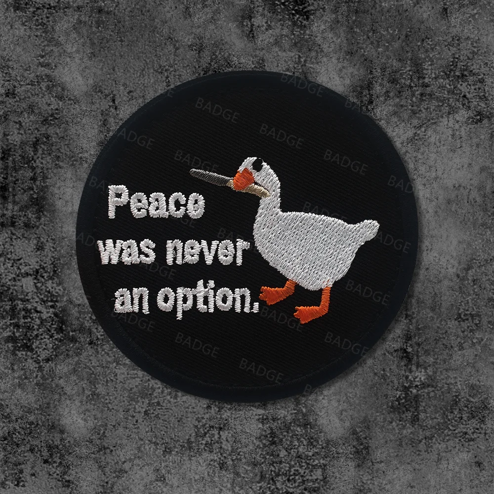 Peace was Never an Option Duck Patch- Embroidered Funny Emblem with Hook Fastener Backing, PVC Cute Duck Bite Knife Badge