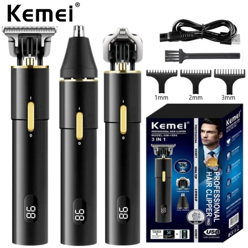 

Kemei KM-1894 Cordless Professional Fade Hair Clipper 3 IN 1 Electric Trimmer Mower Hollow Blade High Capacity Li-on Battery