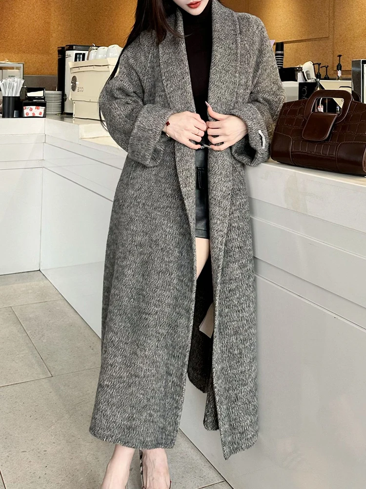 Autumn Winter New Loose Belt Long Jacket Korean Style Fashion Woolen Coat Elegant Luxury Double-sided Cashmere Coat Women's