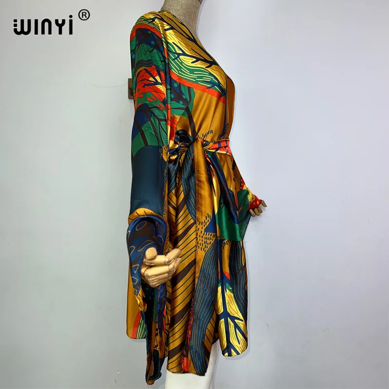 WINYI Bohemian Print Bikini Cover-up Elegant Self Belt boho Kimono Dress Women Summer Clothing  holiday Dress Beach Wear Cover