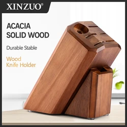 XINZUO Acacia Solid Wood Knife Holder For 5 Pieces Knives & 1 Pieces Kitchen Scissors & 1 Pieces Sharpener  Rod Knife Block