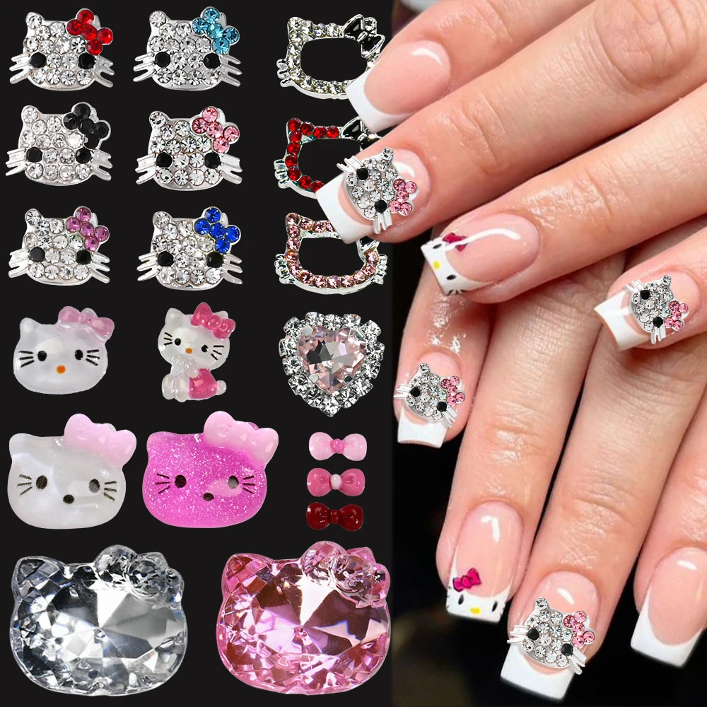 1 Box Alloy Crystal Hello Kitty Nail Charms Kawaii Shiny Kitty Head Bow Diamond Nail Art Rhinestone DIY Manicure Decoraiton