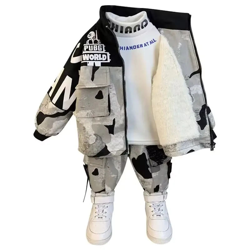 Autumn and Winter Boys\' Clothing Set 2024 New Handsome Baby Children\'s Thickened Camo Clothing Set Kids Tracksuit Outfit