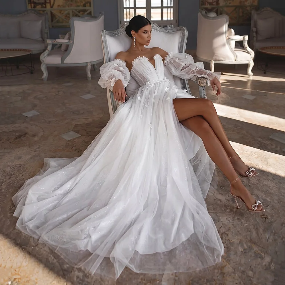 Customized Luxury Wedding Dress 2026 Glitter Off Shoulder Puff Sleeve Brides Gown High Slit 3D Flower Boho Bridal Dresses