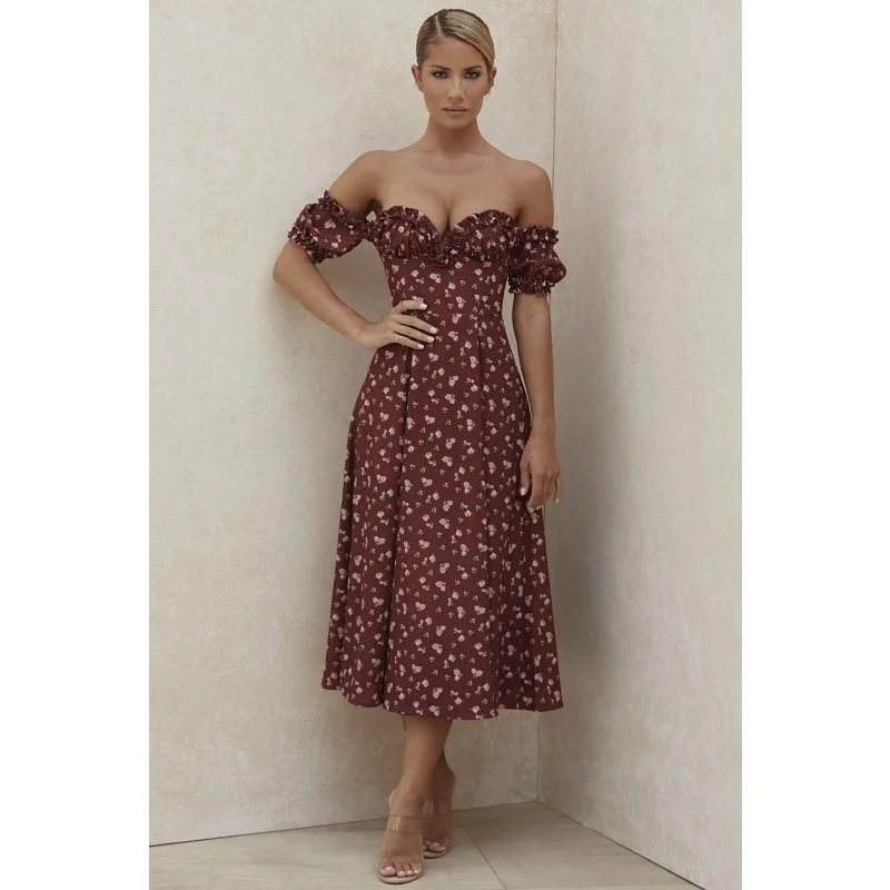 Summer new women's sexy split split flower wood ear strapless long skirt dress