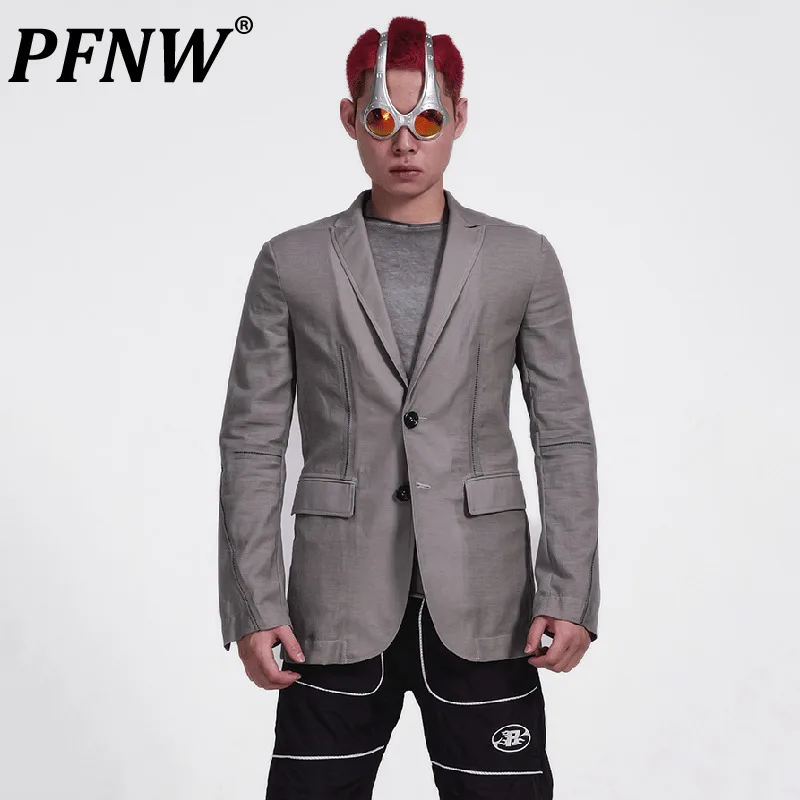 PFNW Silk Deconstruction Slim Trend RO Style Grey Suit Coat High Quality Stitching Patchwork Single Breasted Blazer Tide 12C2257