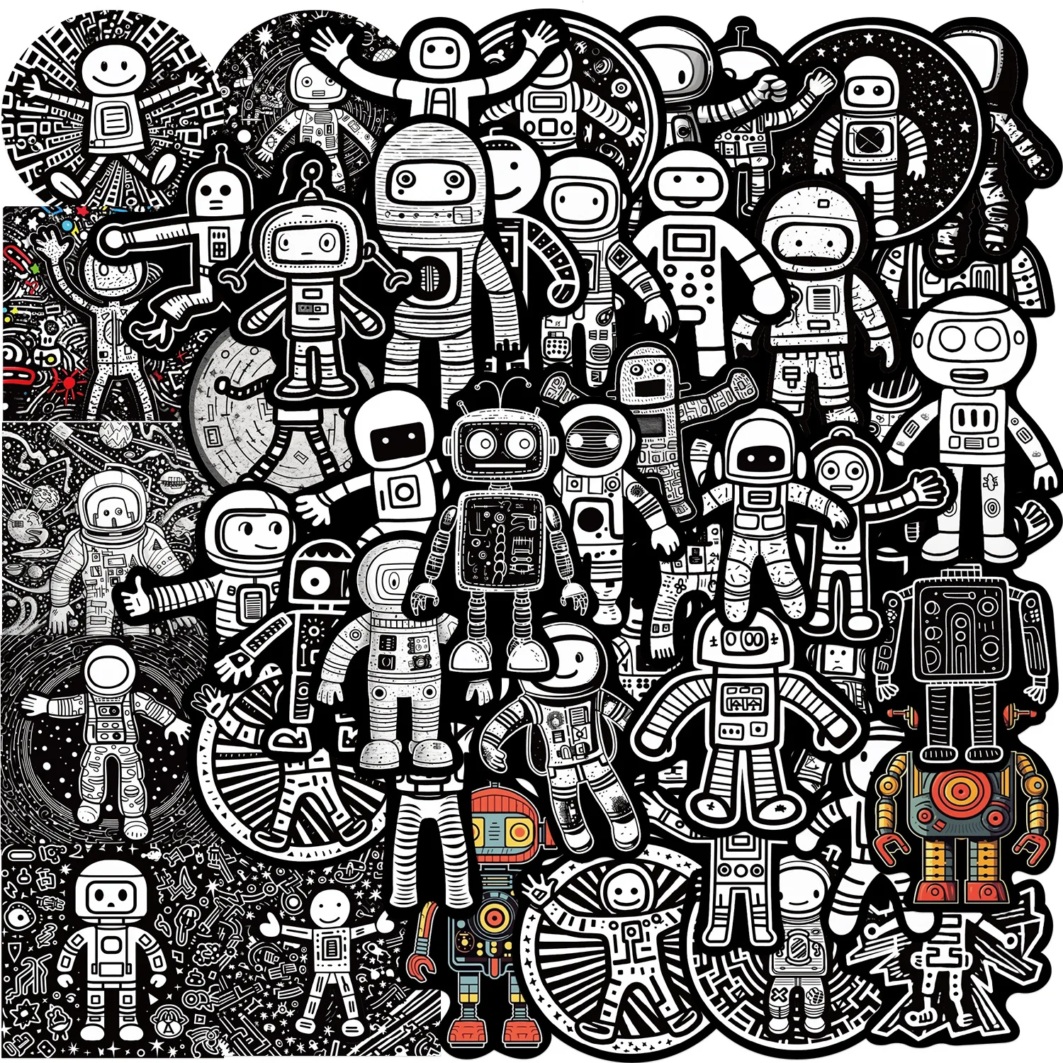 10/30/50PCS Cartoon Black and White Artistic Space Robot Stickers DIY Travel Luggage Fridge Laptop Graffiti Sticker Kids Decals