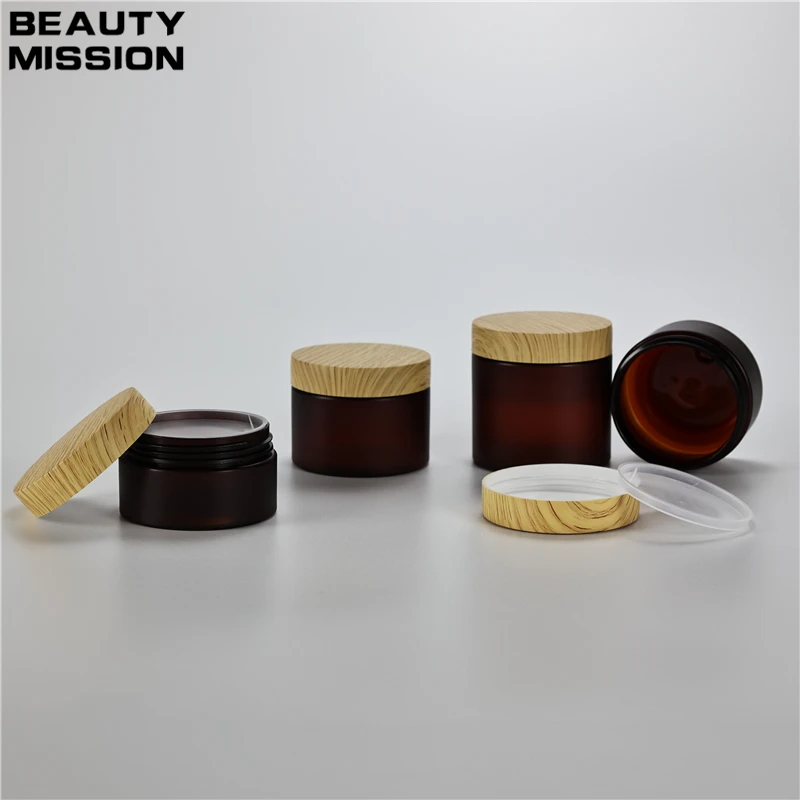 100g-200g x 20 Frosted Amber Plastic Jar With Imitation Wood Grain Plastic Lid For Face Cream Cosmetics Ointment Packaging Boxs