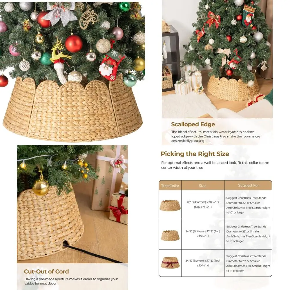 

28 Inch Scalloped Wicker Christmas Tree Skirt with Rustic Stand Cover for Home and Party Decor