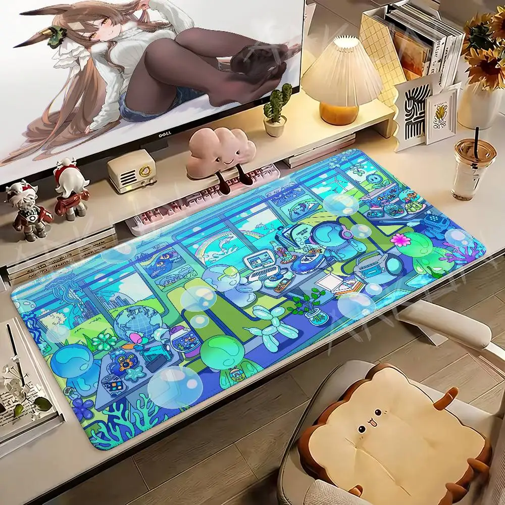 Y2K Frutiger Aero Desk Mat, Cute Transparent Character Ocean Bus Rainbow Coral Illustration, Smooth Waterproof Mousepad