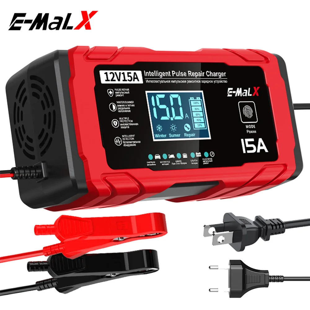 12V 15A Car Battery Charger Electric Motorcycles Charger For Lifepo4 Lead-Acid AGM GEL Lithium Battery Intelligent Pulse Repair