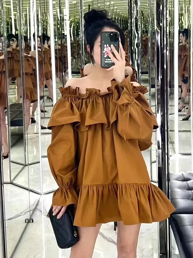 

One-line collar pleated ruffled lantern sleeve short dress temperament elegant A-word women's dress 2025 summer new style