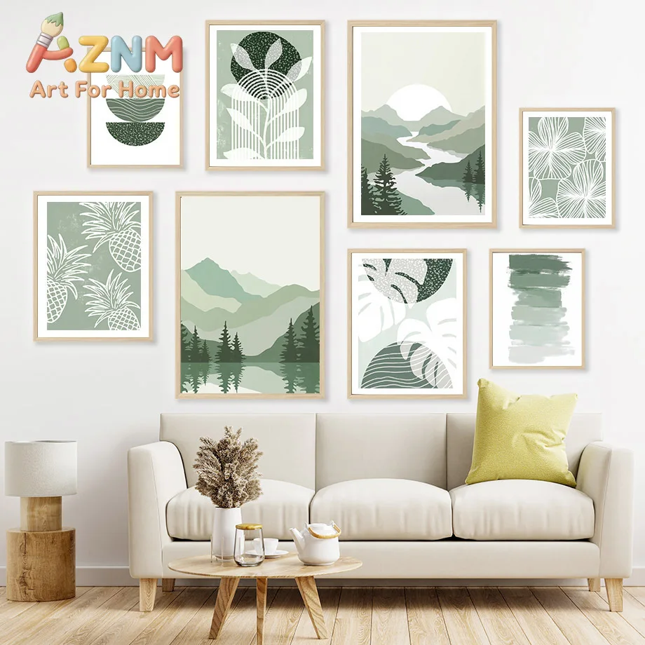 Green Mountain River Sun Rainbow Line Leaf Posters And Prints Geometry Wall Art Canvas Painting Pictures For Living Room Deco