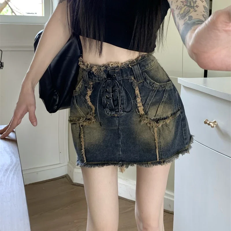 Gyaru Short Zipper High Waist with Strings Female Jeans Skirts Tight Women's Denim Skirt Coquette Mini Sexy Wrap New in Quality