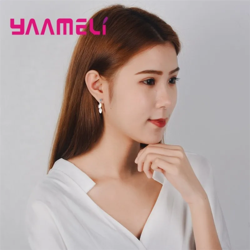 925 Sterling Silver Leaves Drop Earring CZ Stone Long Statement Dangle Earrings For Women Party Jewelry Bijoux Femme