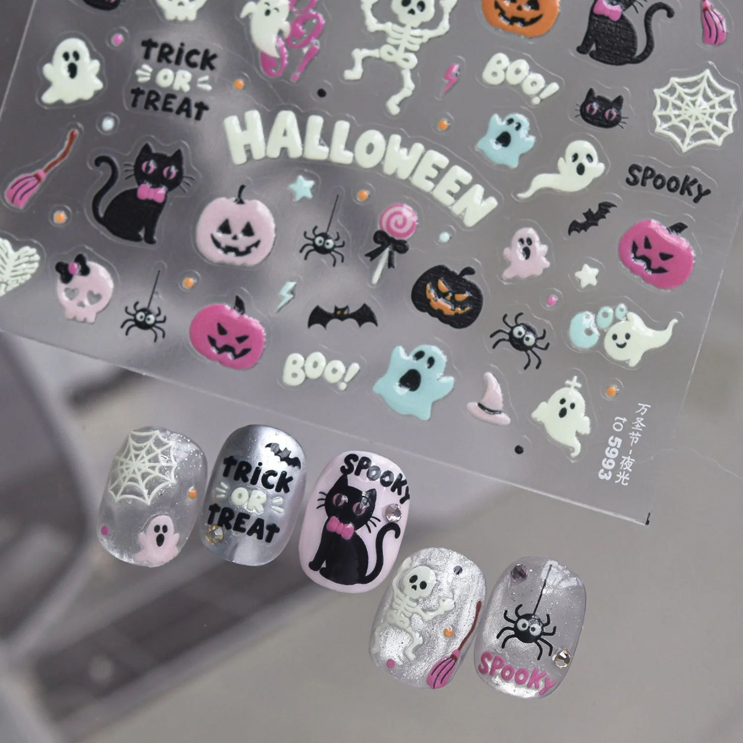 Cartoon Ghost Pumpkin Light Skeleton Black Cat Spider Bat Luminous Halloween 5D Nail Stickers Self Adhesive Fun Decal Manicure