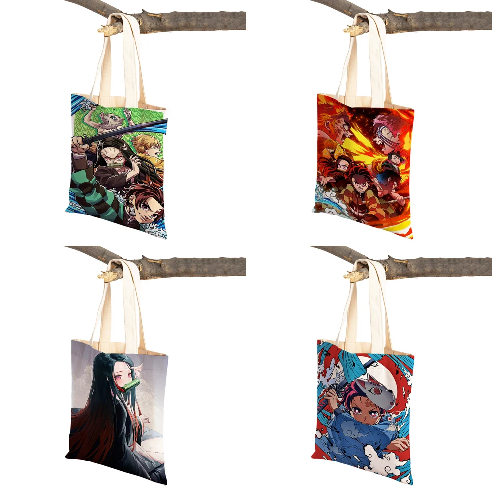 Demon Slayer Lady Shopping Bags Japan Anime Reusable Foldable Eco Canvas Women Shopper Bag Cartoon Travel Tote Handbag