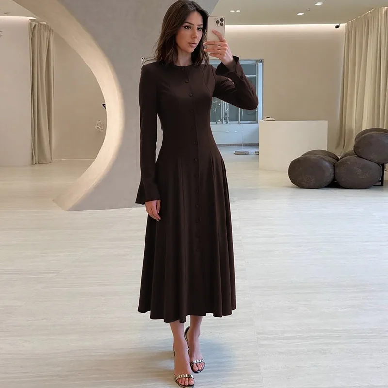 خريف جديد أزياء زر سترة الخصر cinched فستان مزاجه بأكمام طويلة للنساء