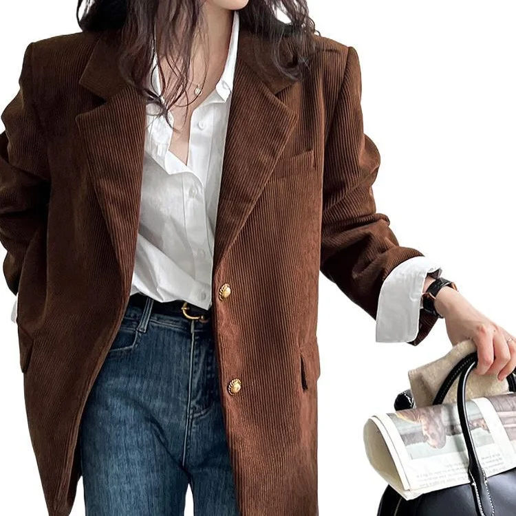 Brown Corduroy Blazer Women's 2026 Spring New Fashion Loose Casual Small Suit Office Lady Blazer Femme Jackets