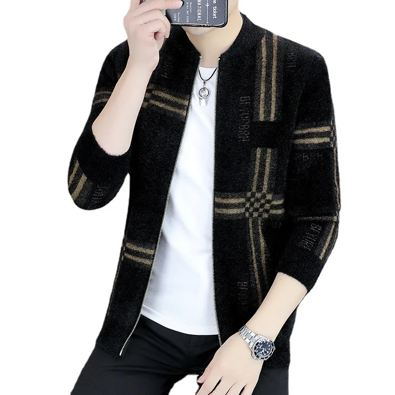 

New Spring and Autumn Knitted Korean Print Stand Collar Casual Youth Sweaters Cardigan