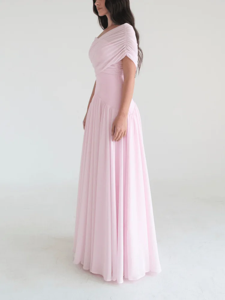 AW Pink Formal Evening Dress Off The Shoulder Pleat Chiffon A Line arty Dresses for Women Floor Length Prom Gowns Customized - view 5